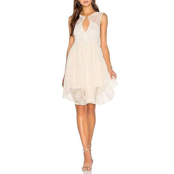 Free People Dont You Dare Lace Trim Mini Dress Boho Flare Beige Size Small - Picture 1 of 12